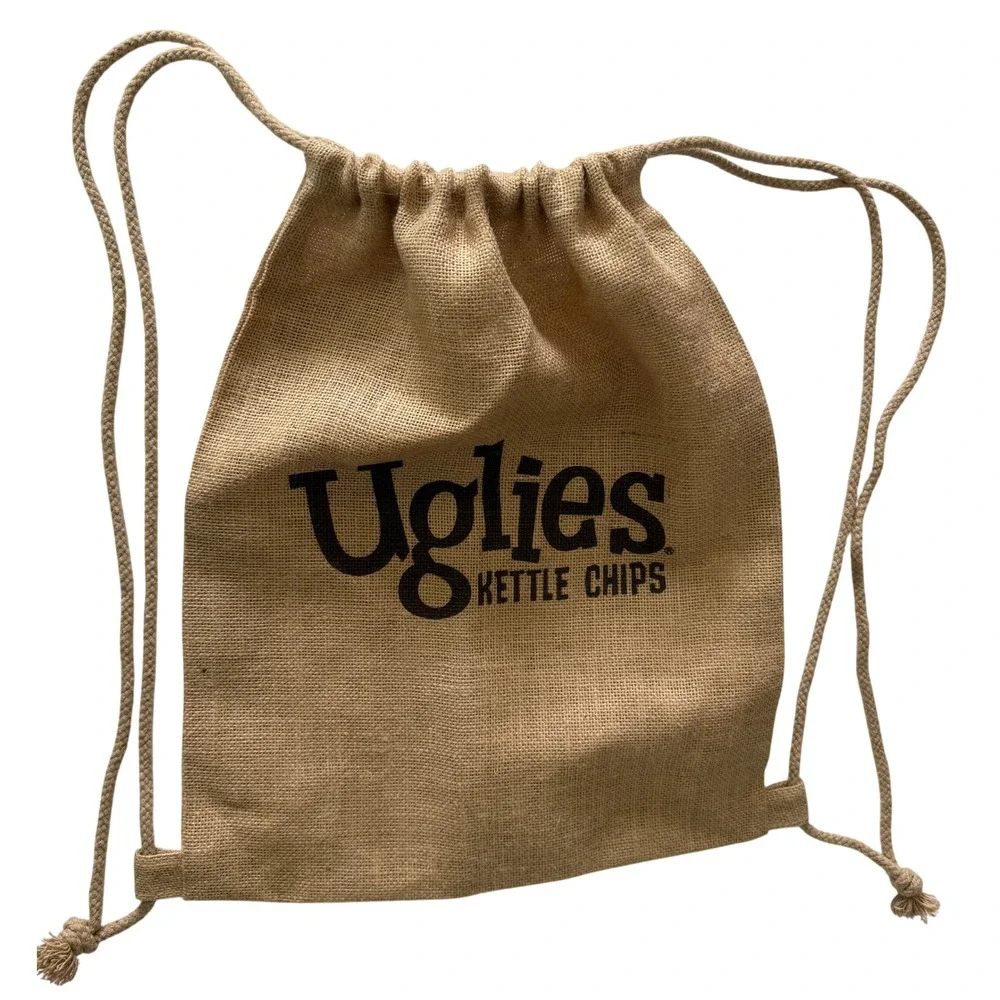 Uglies Kettle Chips Burlap Drawstring Backpack Tan Woven Cinch Bag Promotional